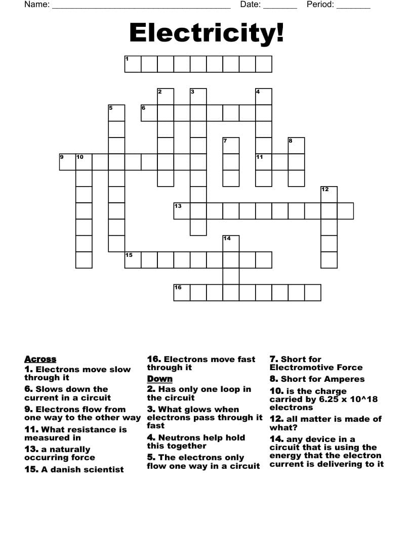 Electricity Crossword Puzzle Printable Free