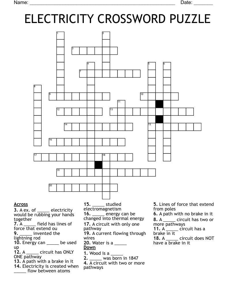 Electricity Crossword Puzzle Printable Free