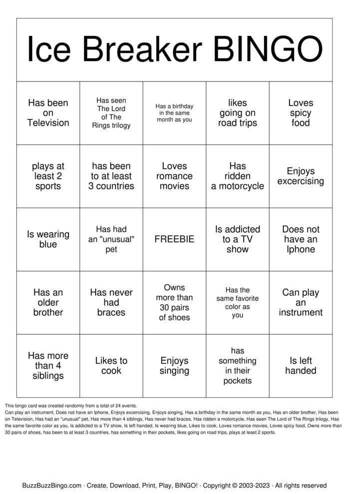 ICEBREAKER BINGO Bingo Cards to Download