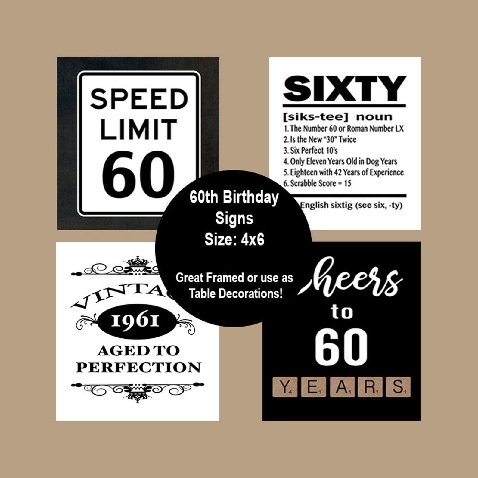 60th Birthday Printable Photo Booth Props Gold Black and White 10 Signs