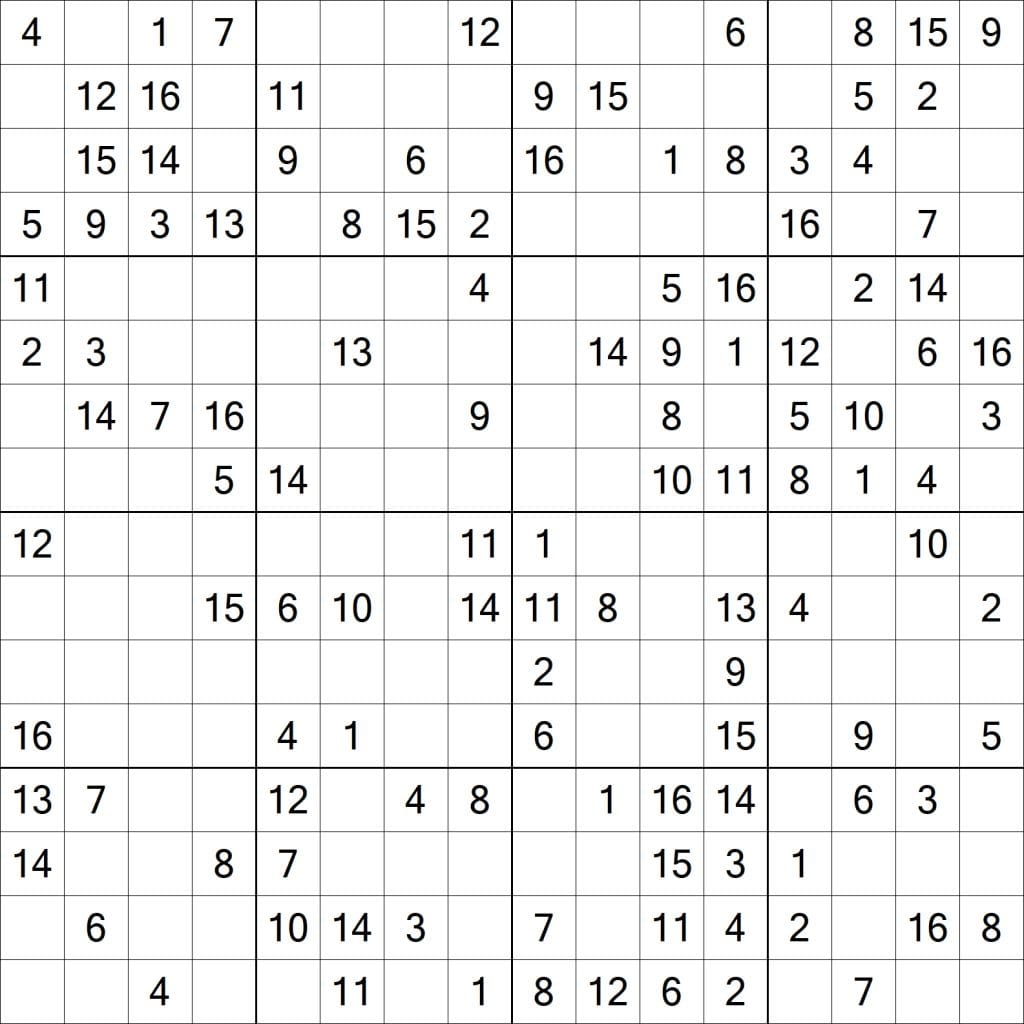 Free Printable 16X16 Sudoku Puzzles