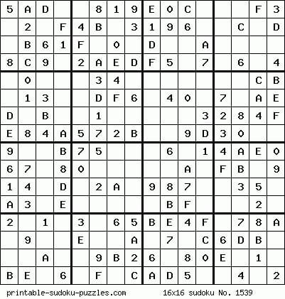 Free Printable 16X16 Sudoku Puzzles