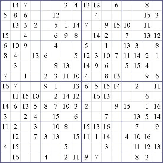 Free Printable 16x16 Sudoku Puzzles