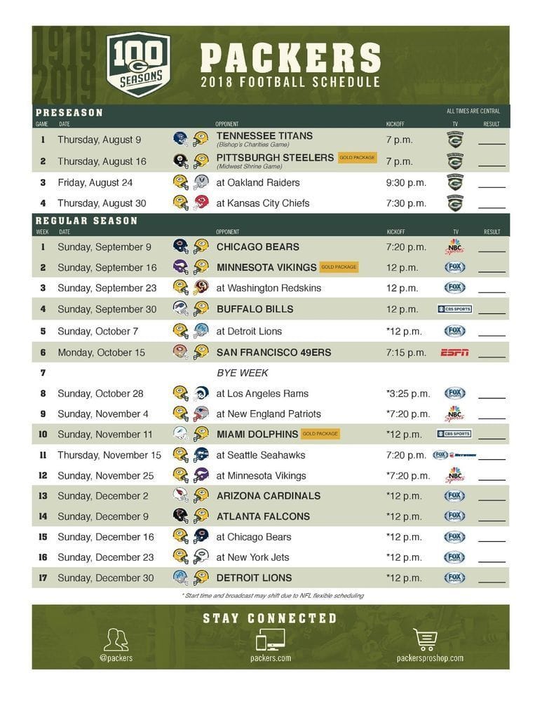 Printable Green Bay Packer Schedule