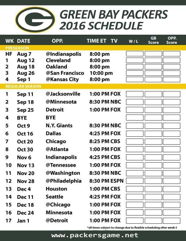 Printable Green Bay Packers Schedule