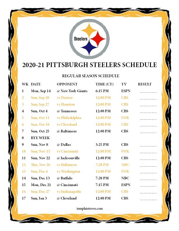 Pittsburgh Steelers 2021 NFL football schedule