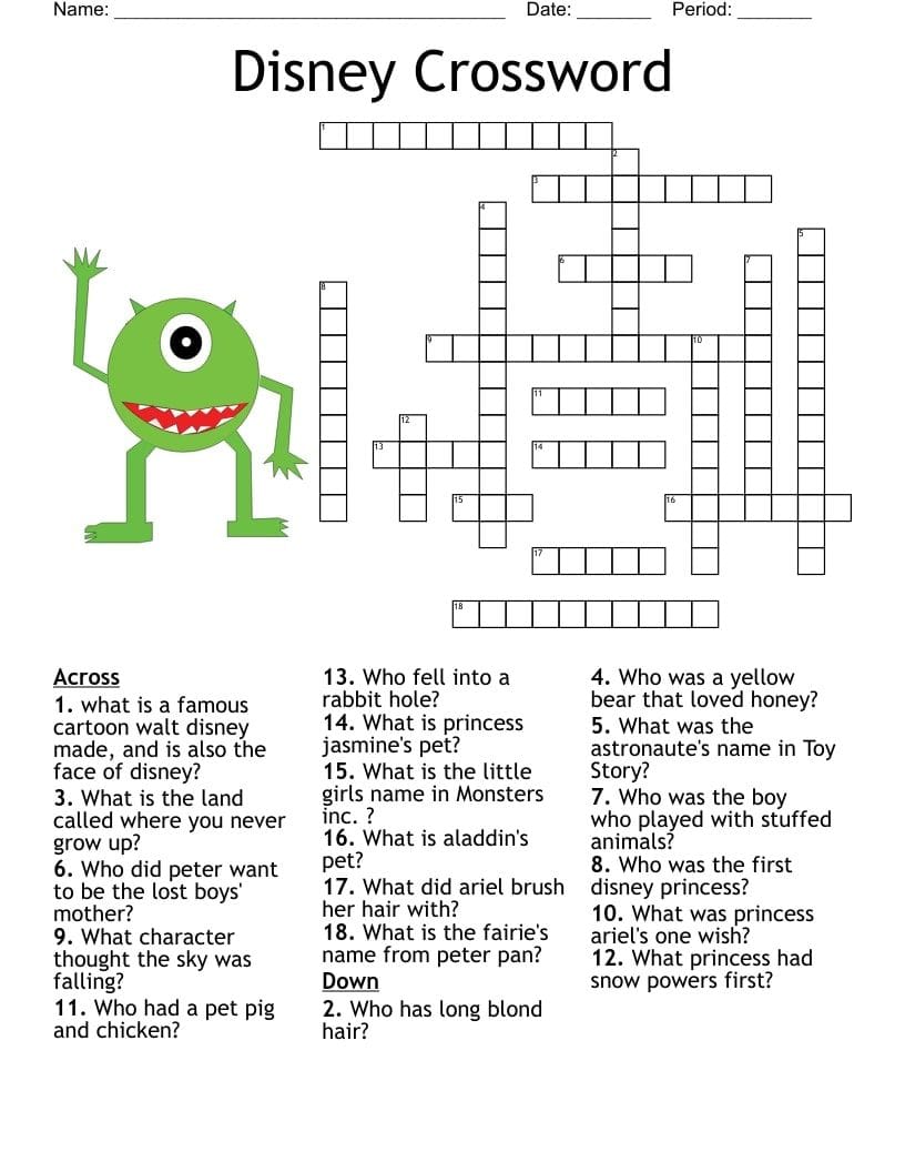 Printable Crossword Puzzles For 4Th Graders