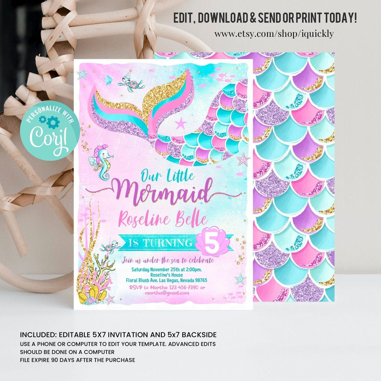 Editable Mermaid Birthday Invitation