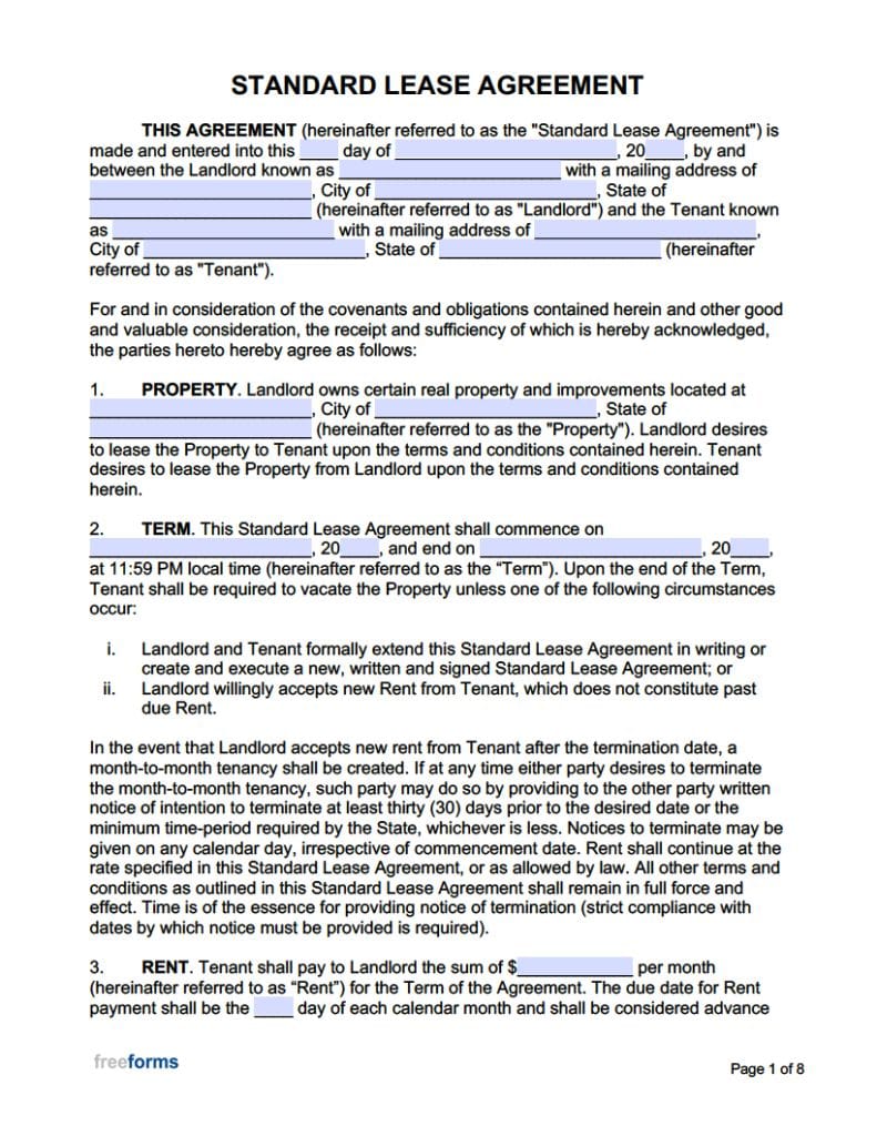 Free Standard Residential Lease Agreement Template