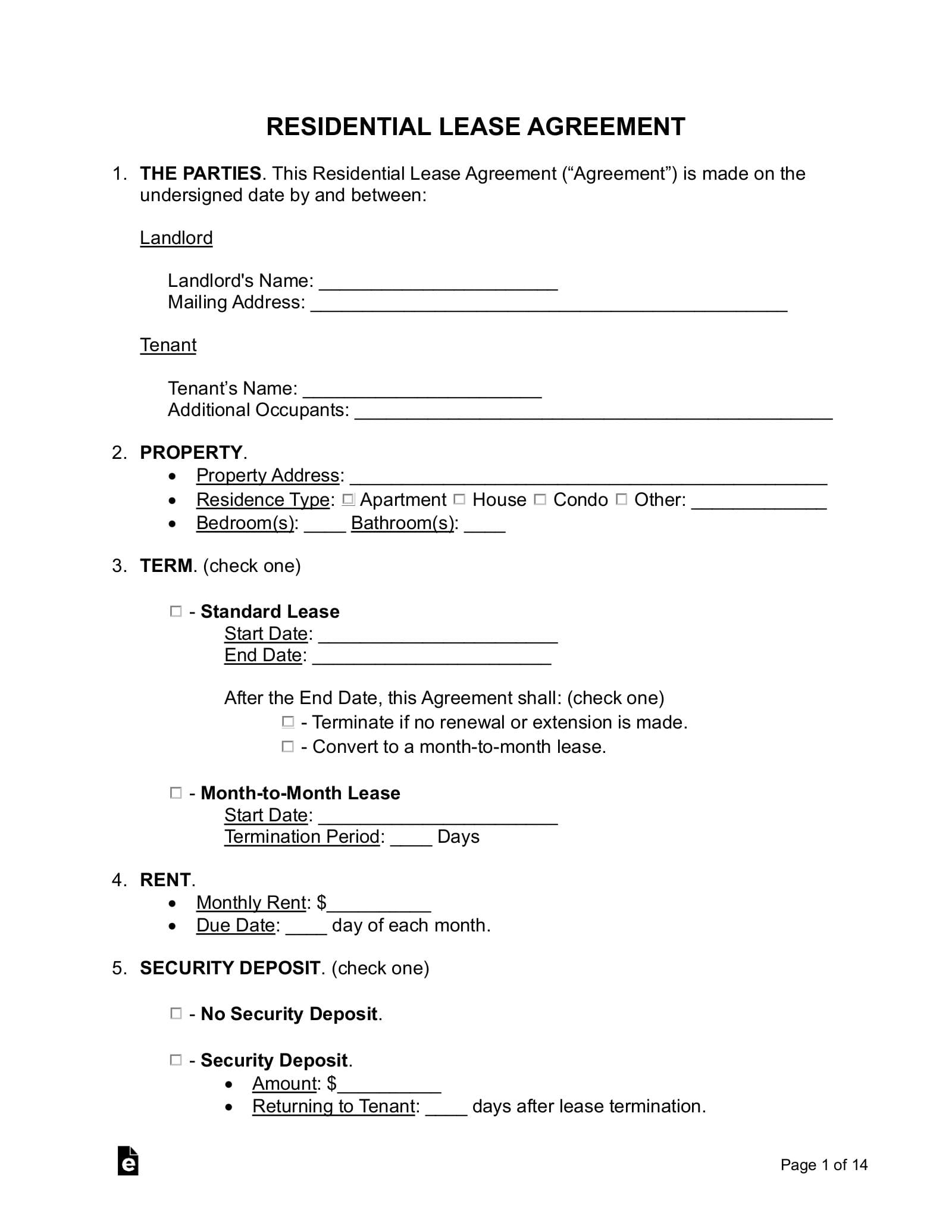 Rental Lease Template Printable Word