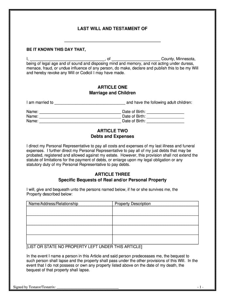 Printable Will Forms Pdf