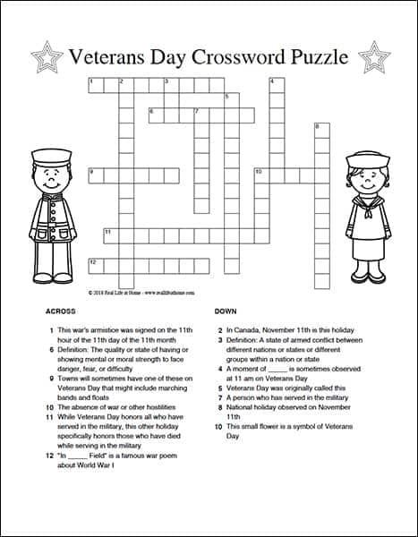 Veterans Day Crossword Puzzle Printable