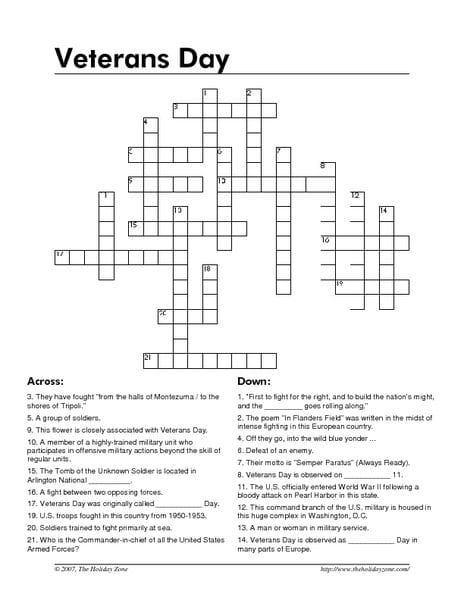 Veterans Day Crossword Puzzle Worksheet for 5th