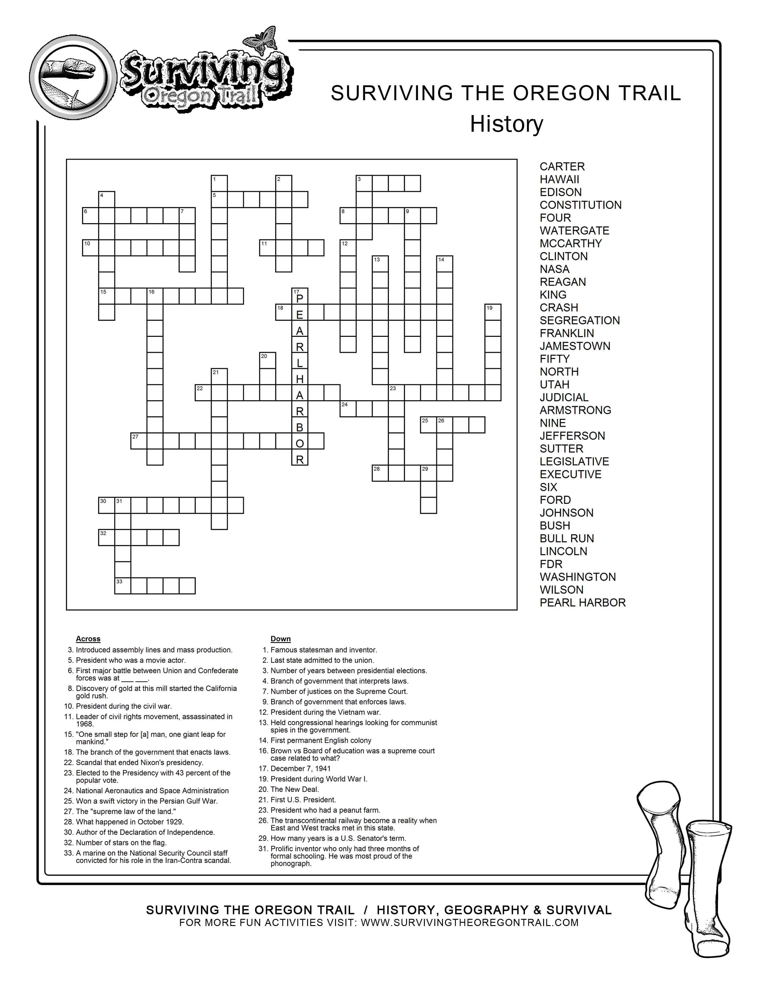 6th Grade American History Crossword Puzzle