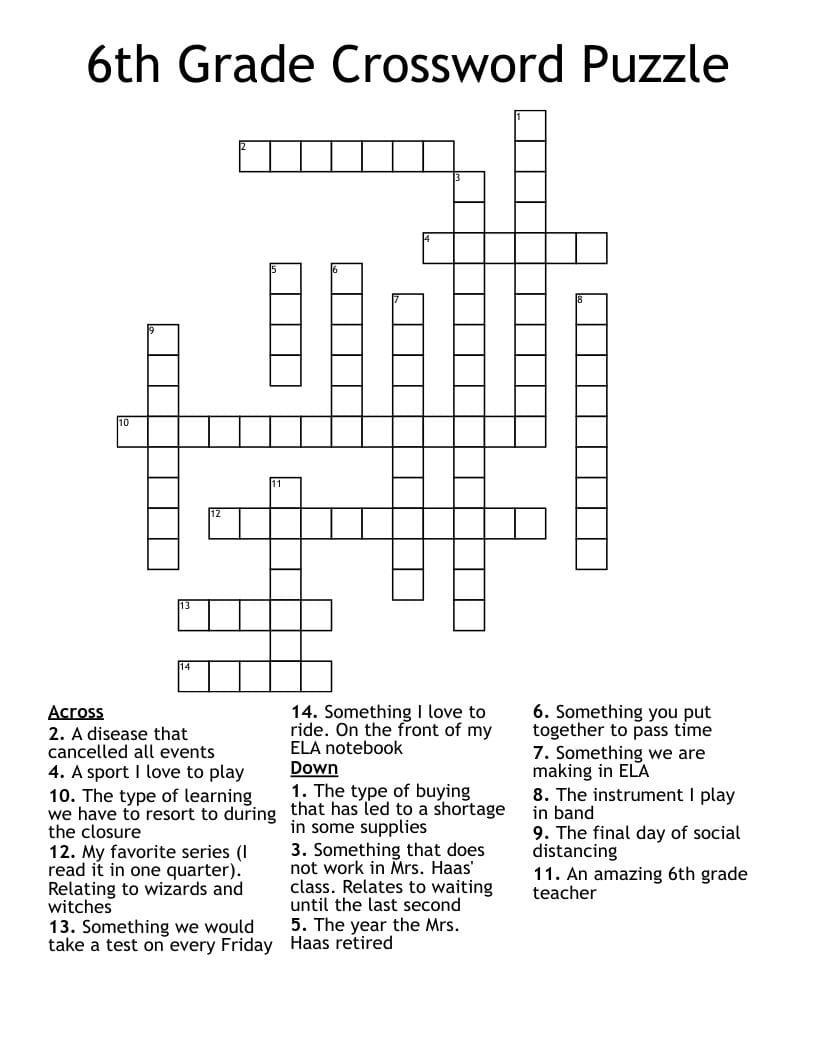 6th Grade Crossword Puzzles