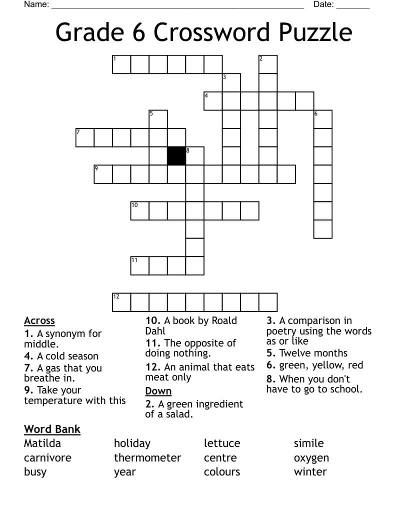 6th Grade Crossword Puzzles