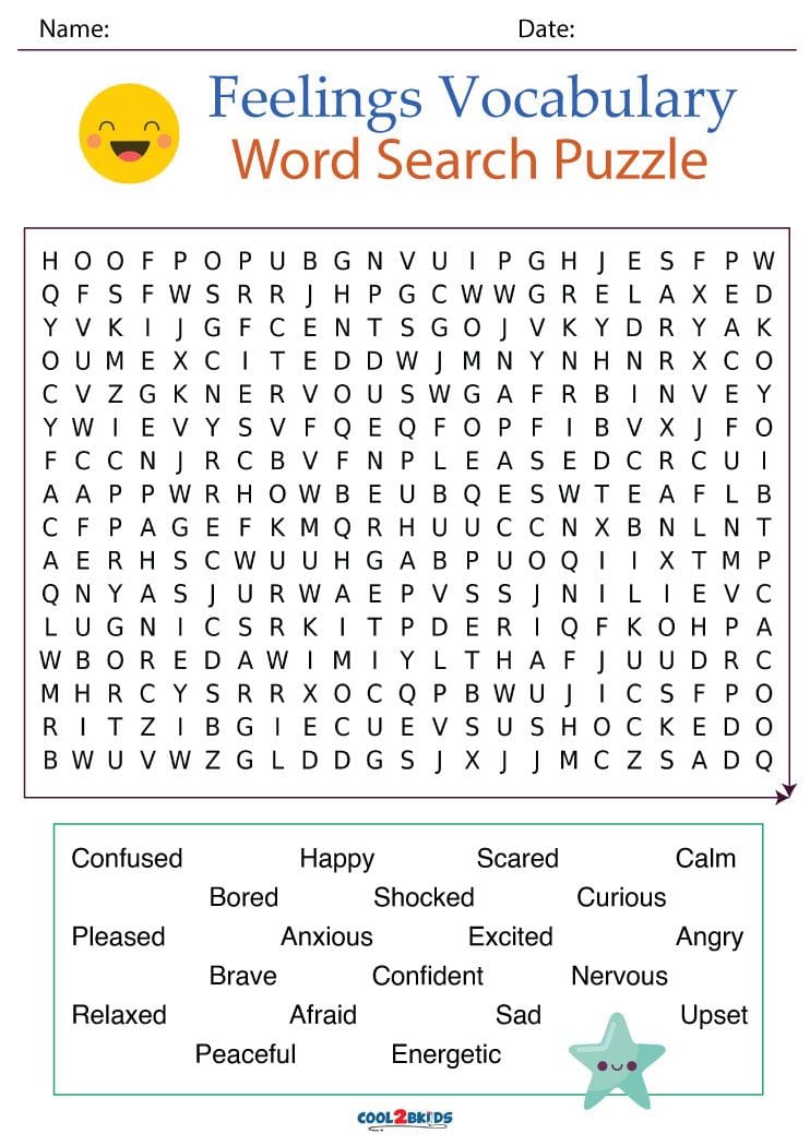 Feelings and Emotions Word Search for Children and ESL Students Free