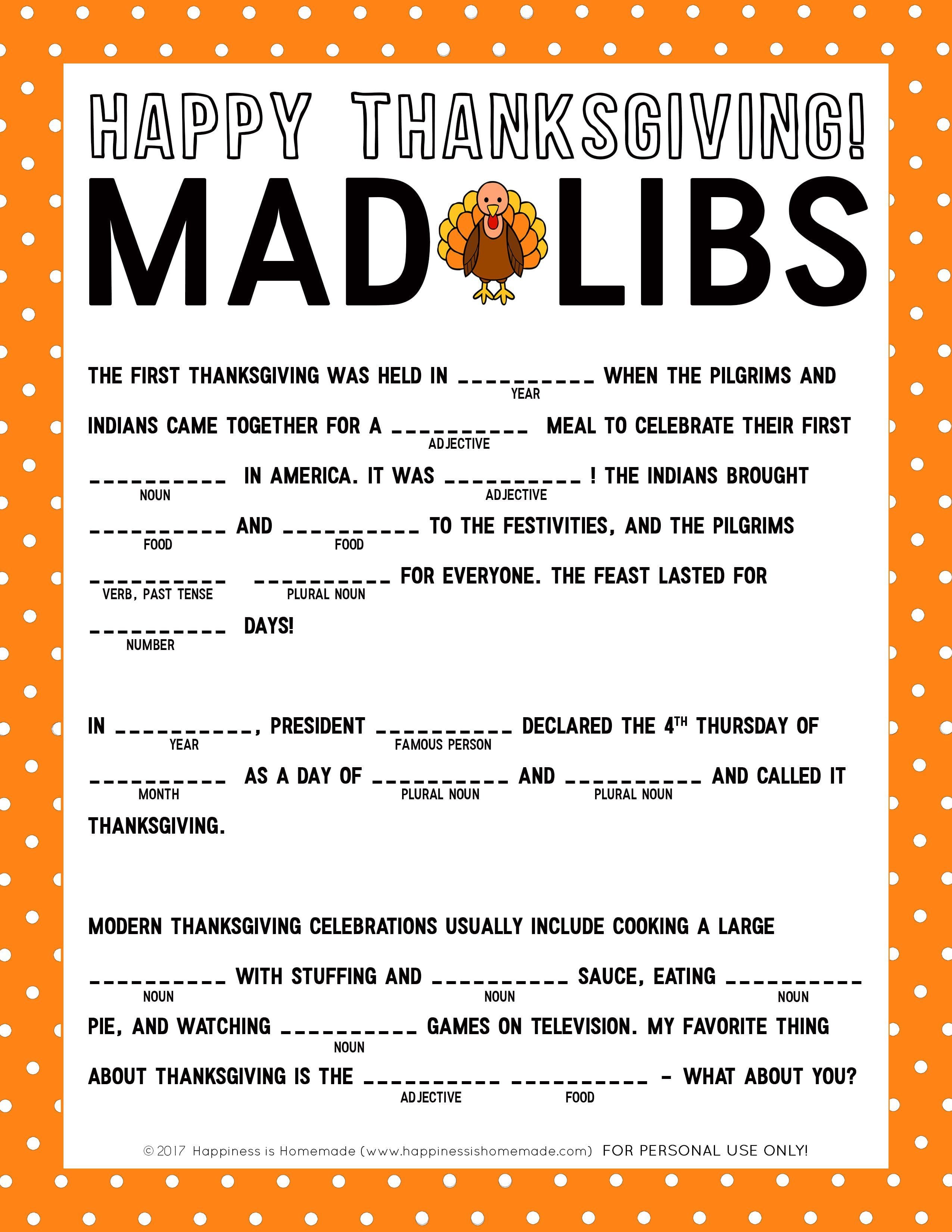 Mad Libs Thanksgiving Printable