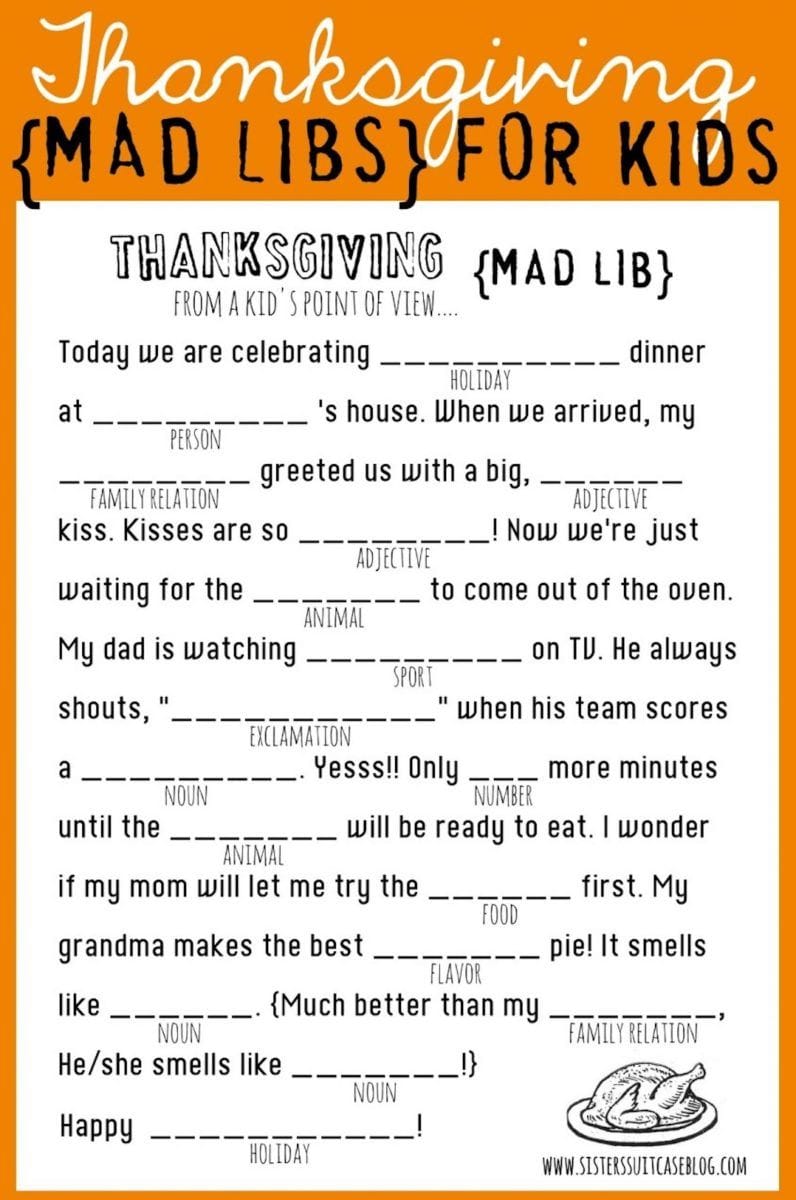 Thanksgiving Mad Libs Printable Game