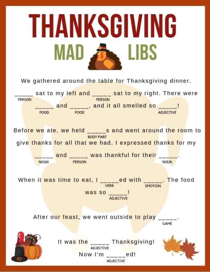 Download your free printable Thanksgiving Mad Libs! Kids and adults of