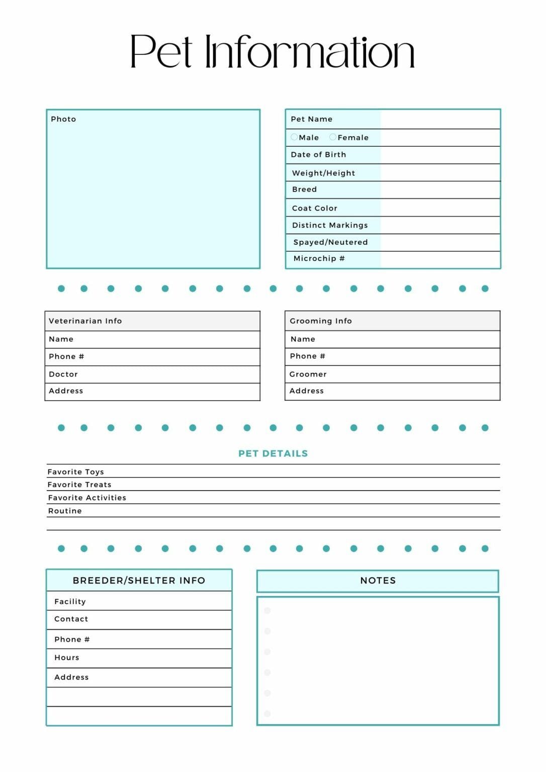 Downloadable Printable Pet Information Sheet Template