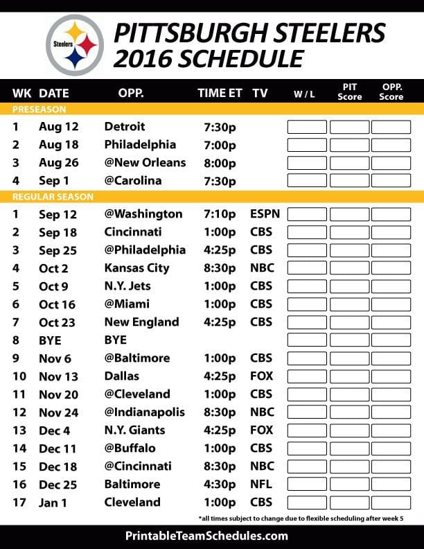 Pittsburgh Steelers Schedule Printable