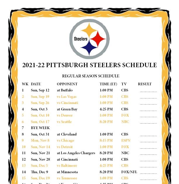 Printable Pittsburgh Steelers Football Schedule