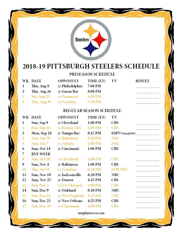 Pittsburgh Steelers Schedule Printable