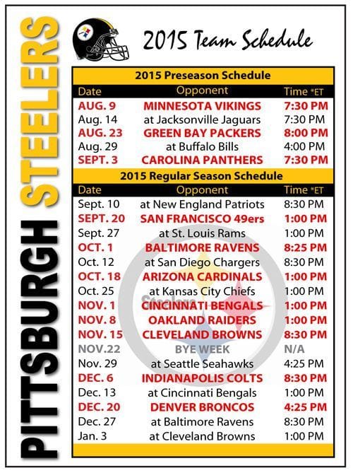 Pittsburgh Steelers Printable Schedule