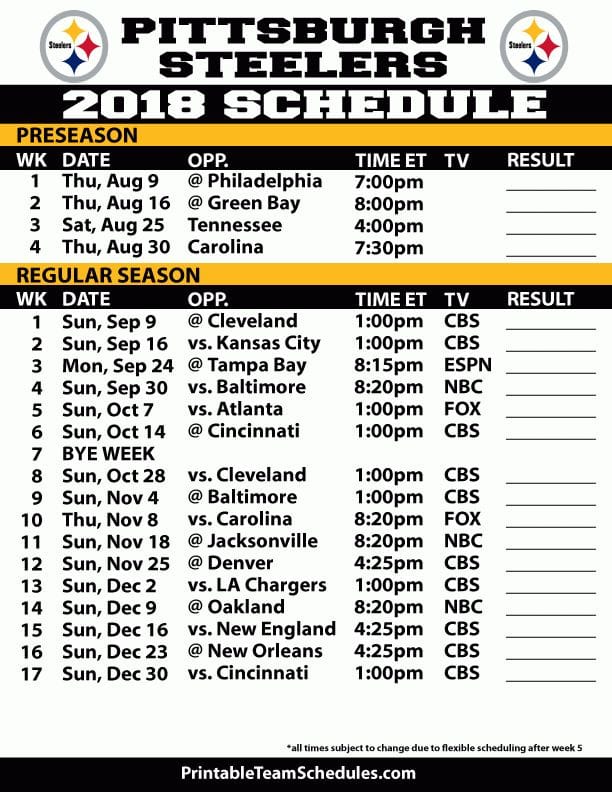 Steelers Printable Schedule