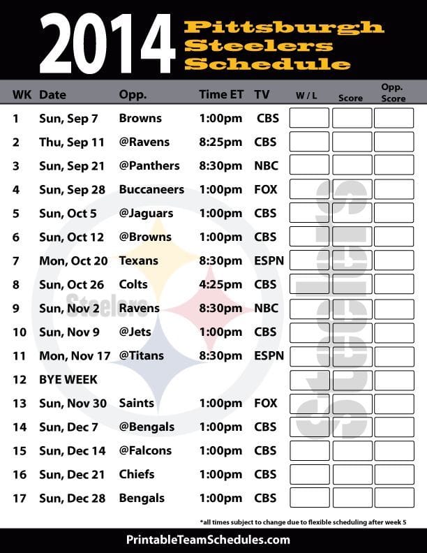 Free Printable Steelers Schedule