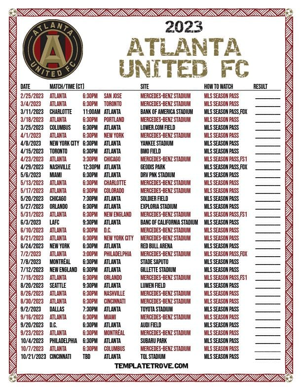 Printable2023 Atlanta United FC Soccer Schedule