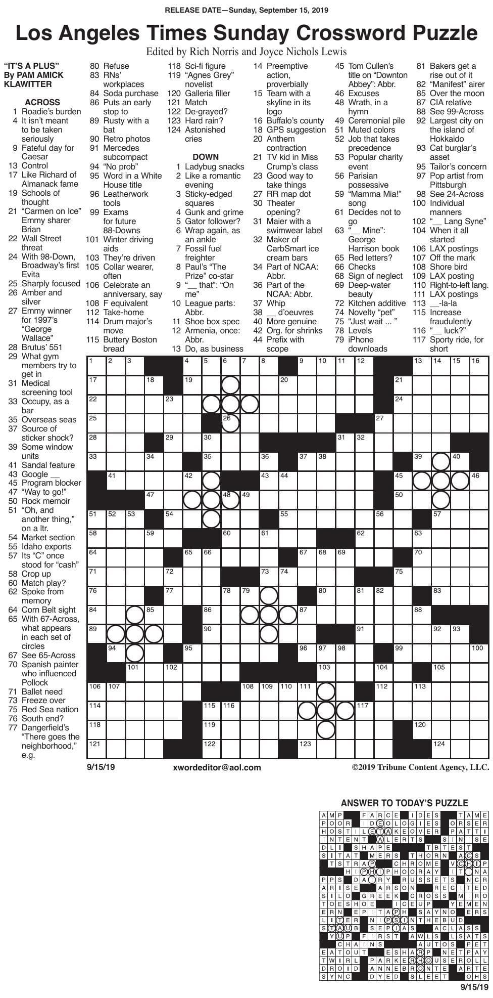 Printable La Times Crossword Puzzle