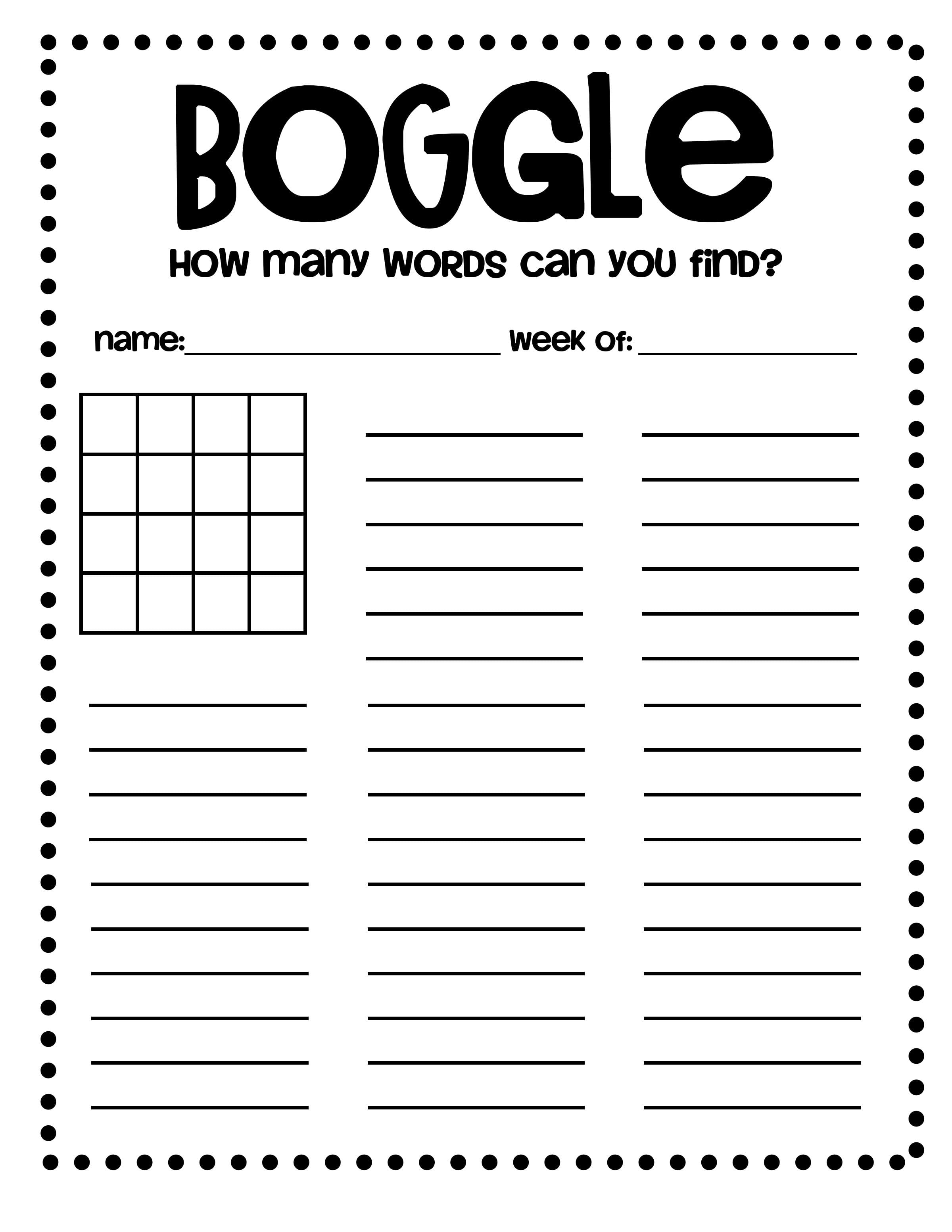 Printable Boggle Word Game