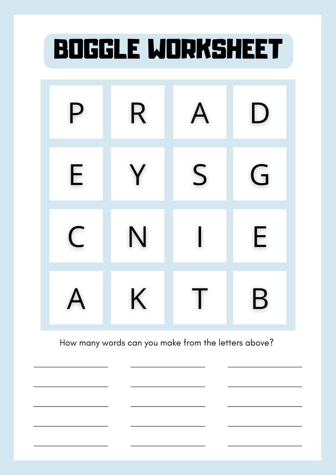 Printable Boggle Word Game