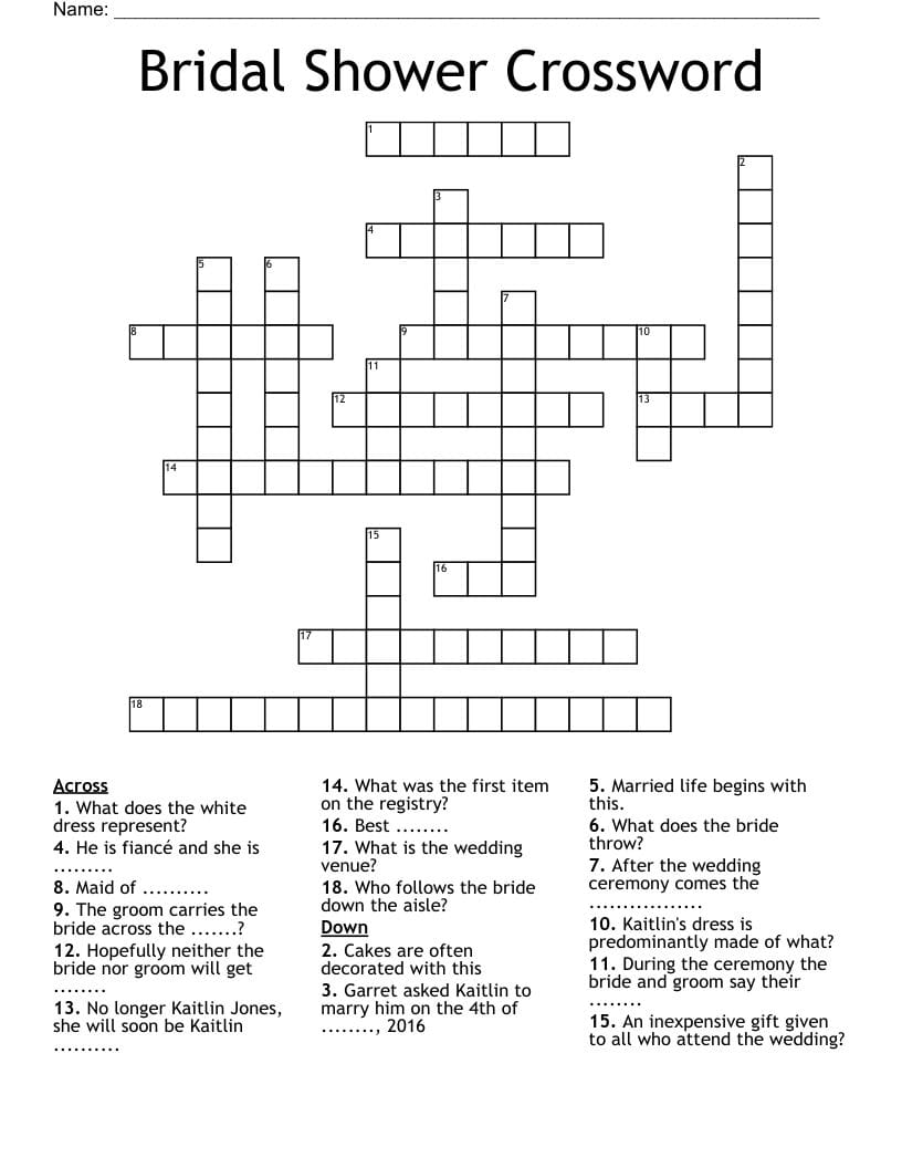 Print Bridal Shower Crossword Puzzle