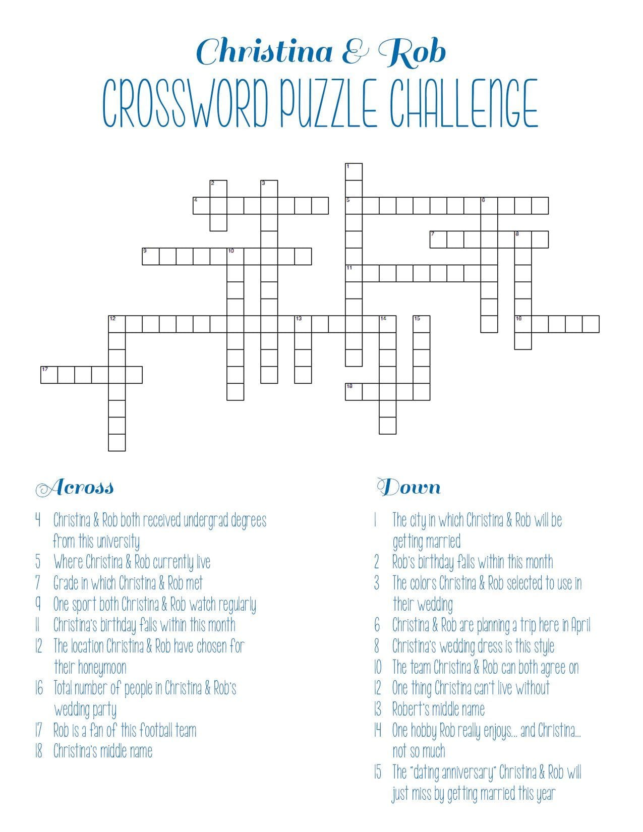 Printable Crossword Puzzle Bridal Shower Game