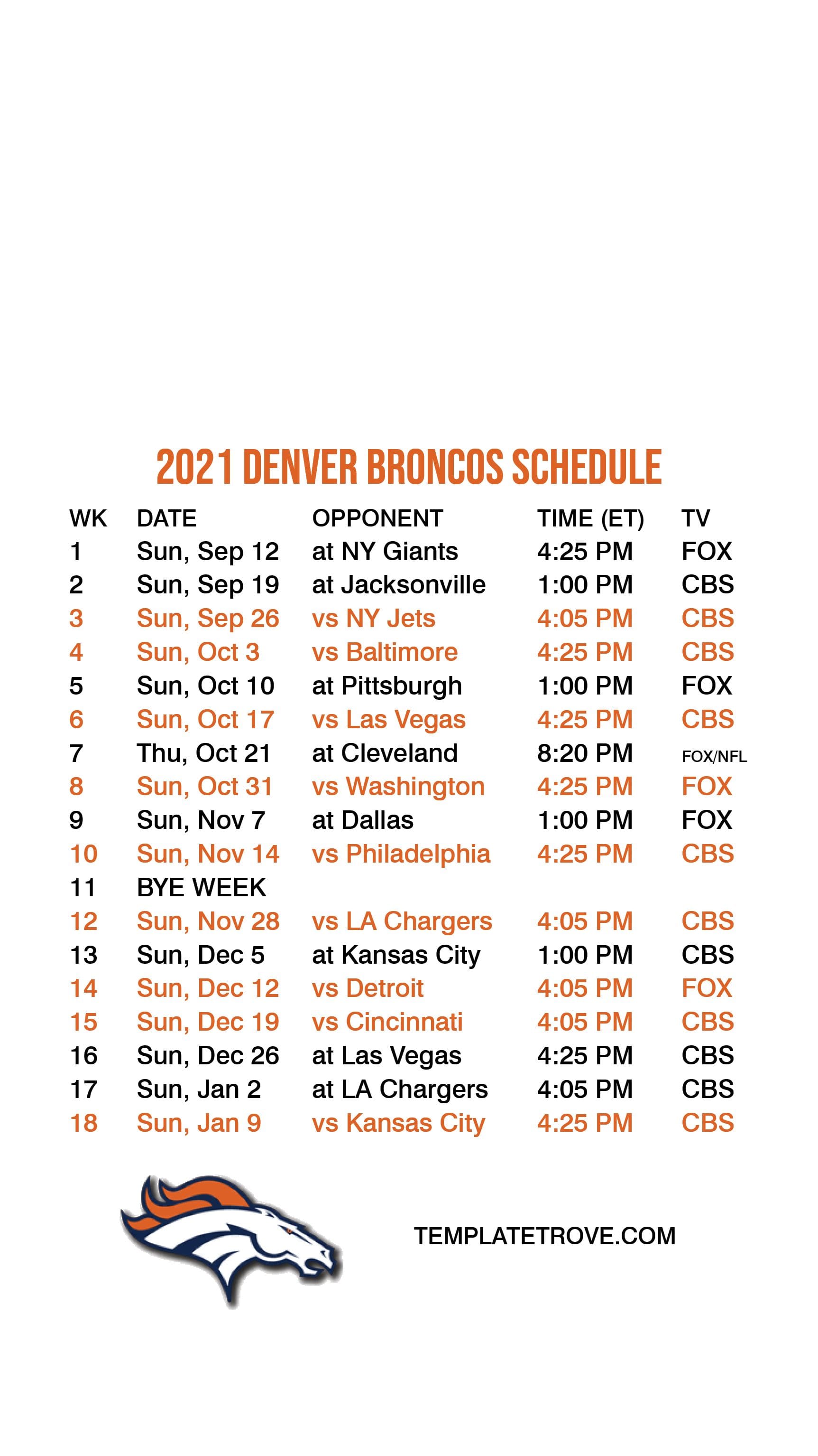 2021 Denver Broncos Schedule Printable Printable Schedule