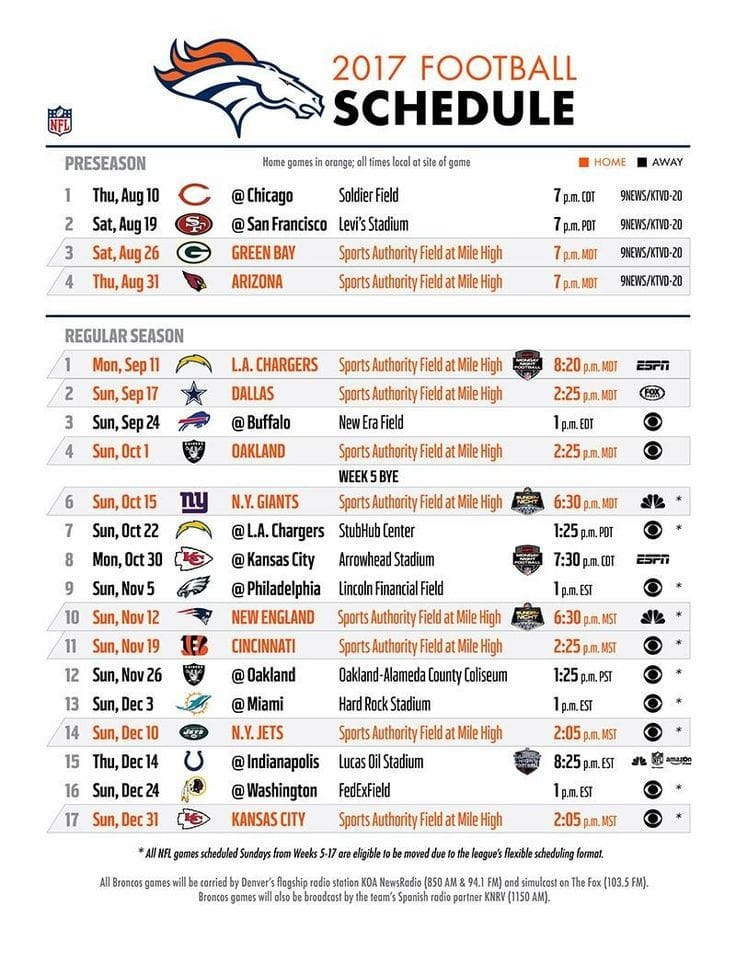 Broncos Printable Schedule