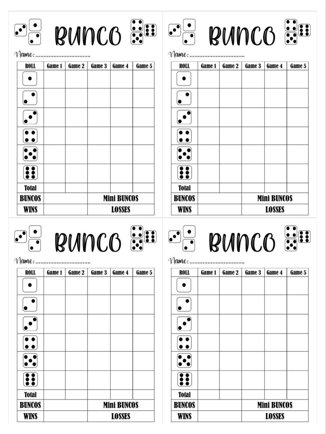 Printable Free Bunco Score Sheets