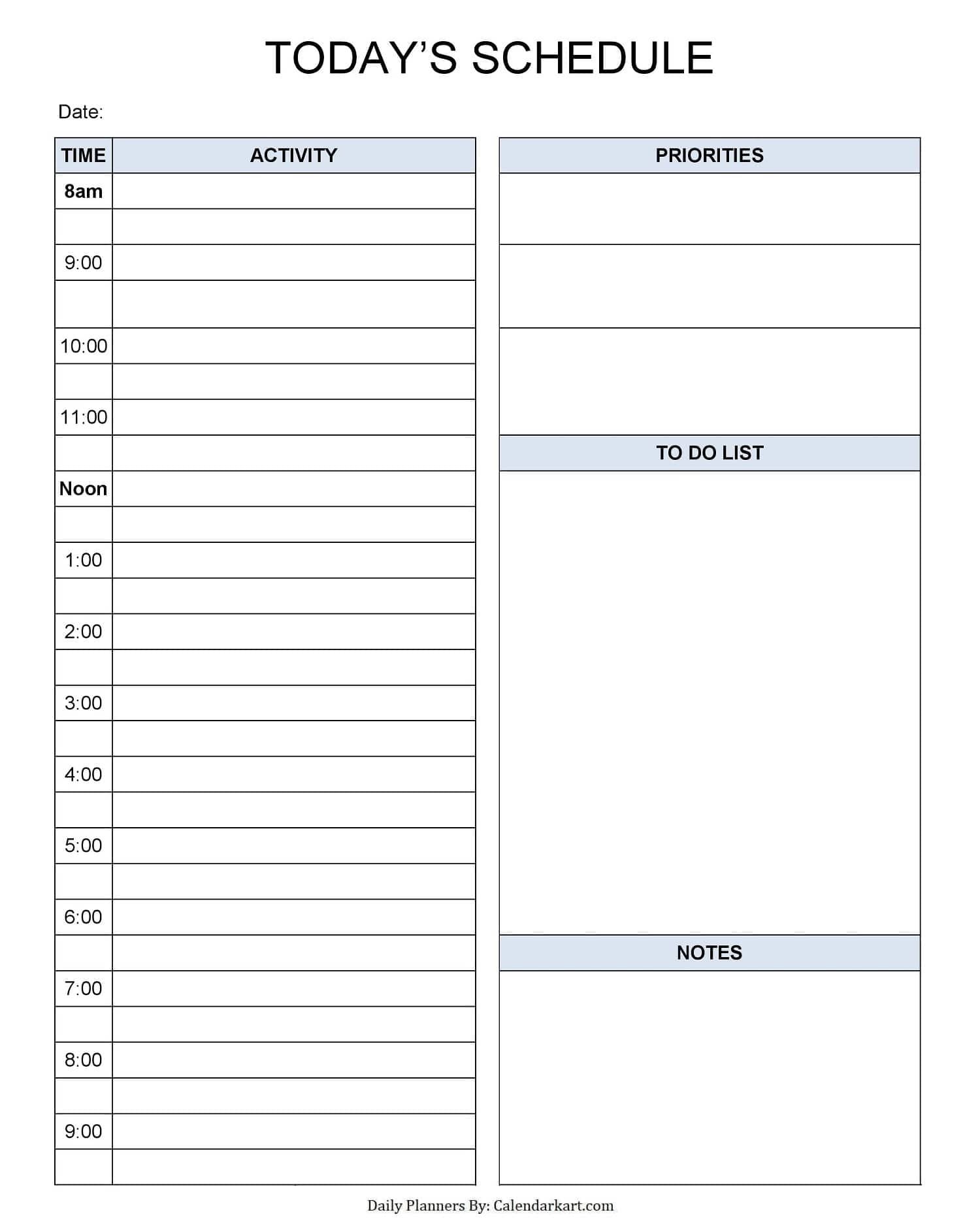 Blank Daily Schedule