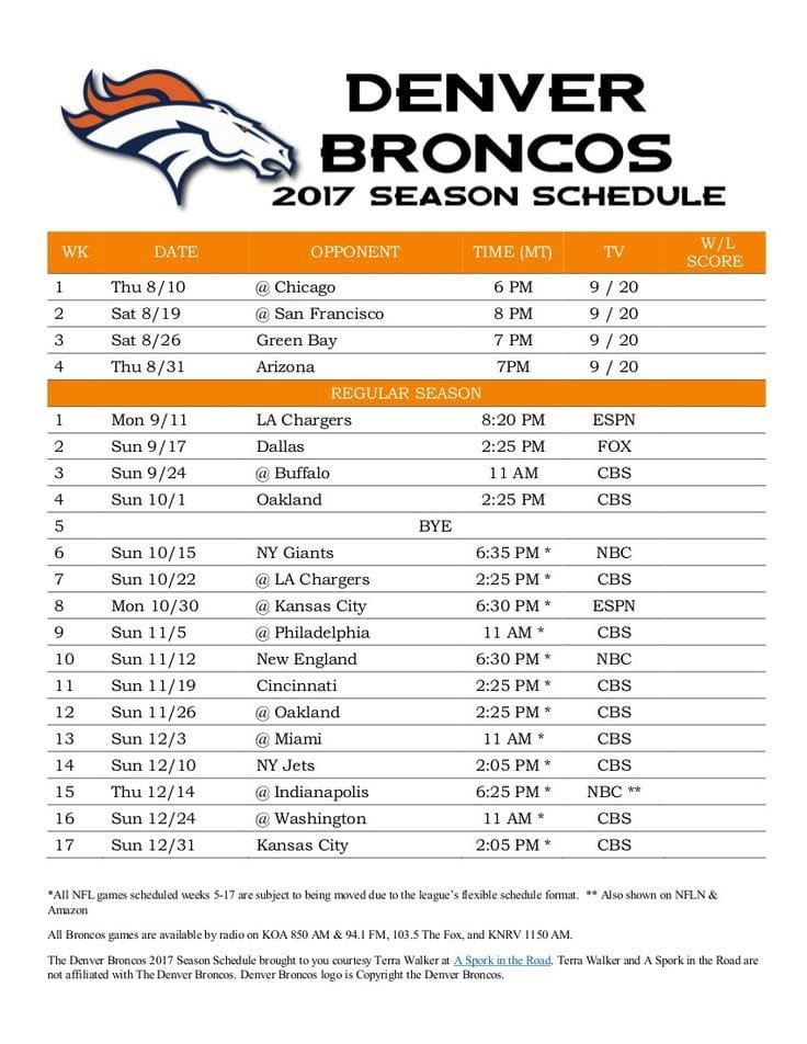 Denver Broncos Printable Schedule