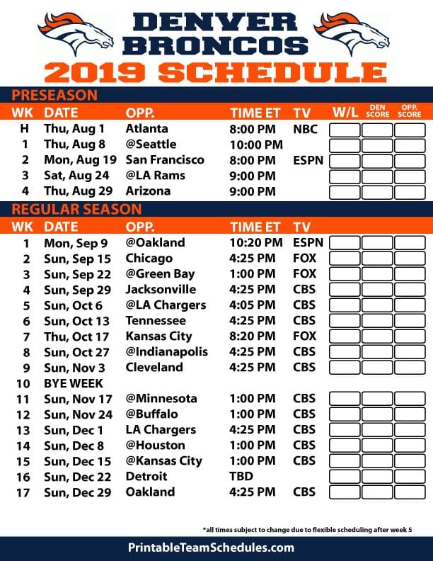 Denver Broncos Printable Schedule