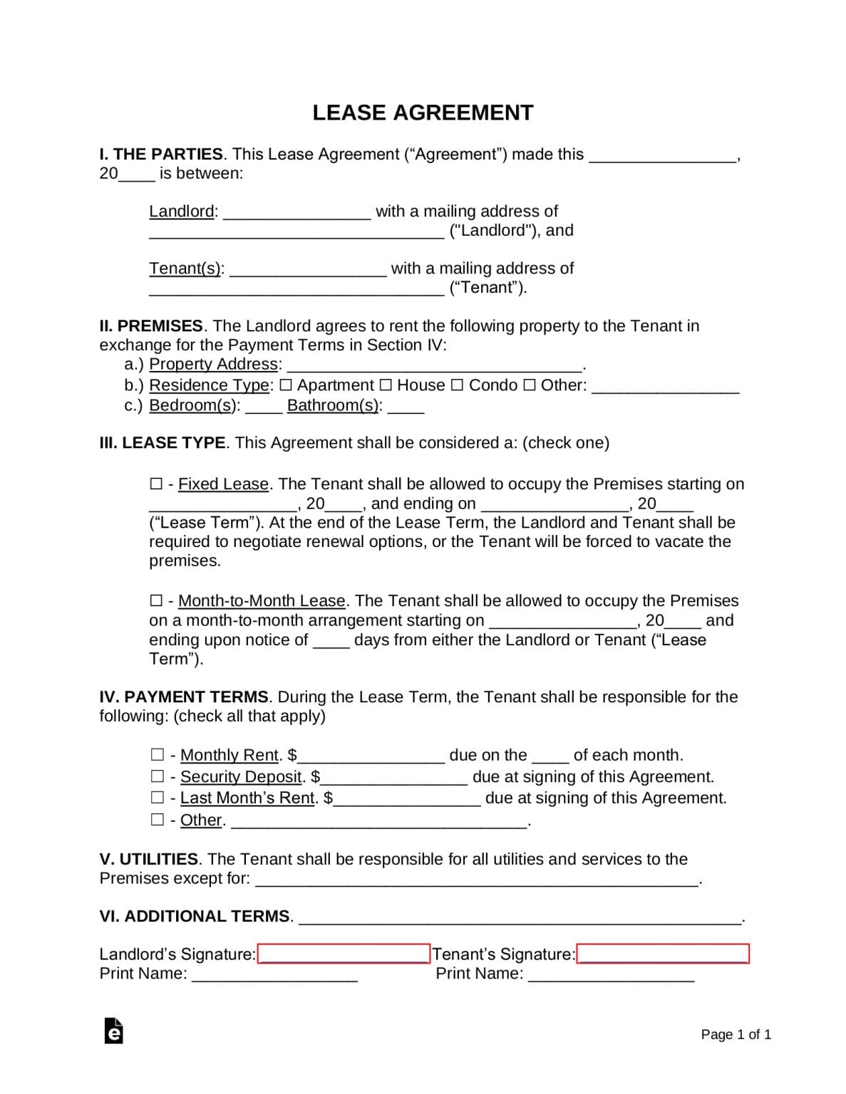 Free Simple (1 Page) Rental Lease Agreement