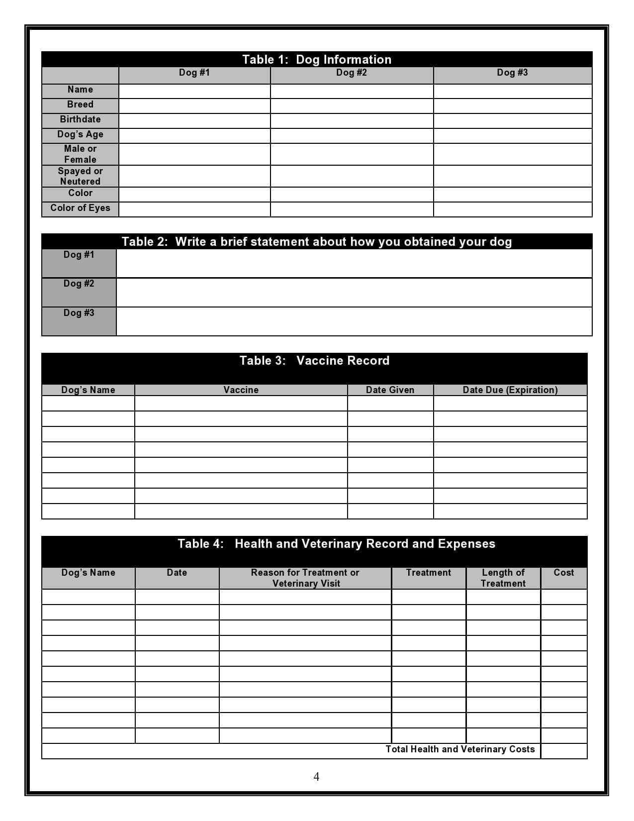 Dog vaccine record form