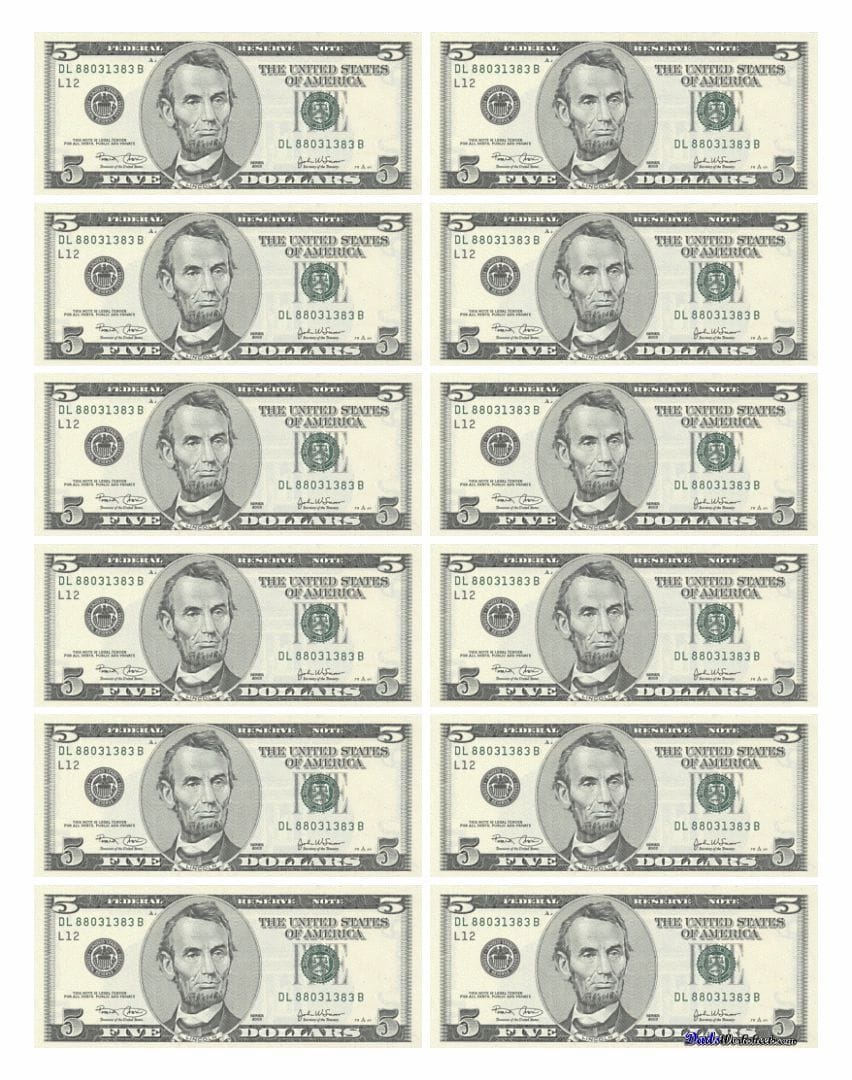 $100 Play Money Printable Sheets