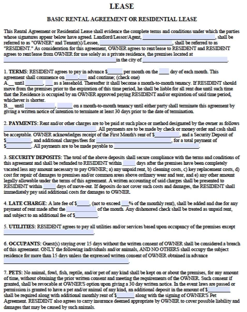 Free Printable Basic Rental Agreement