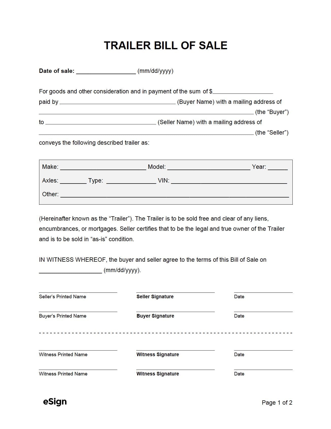 Free Printable Trailer Bill Of Sale Templates [Word