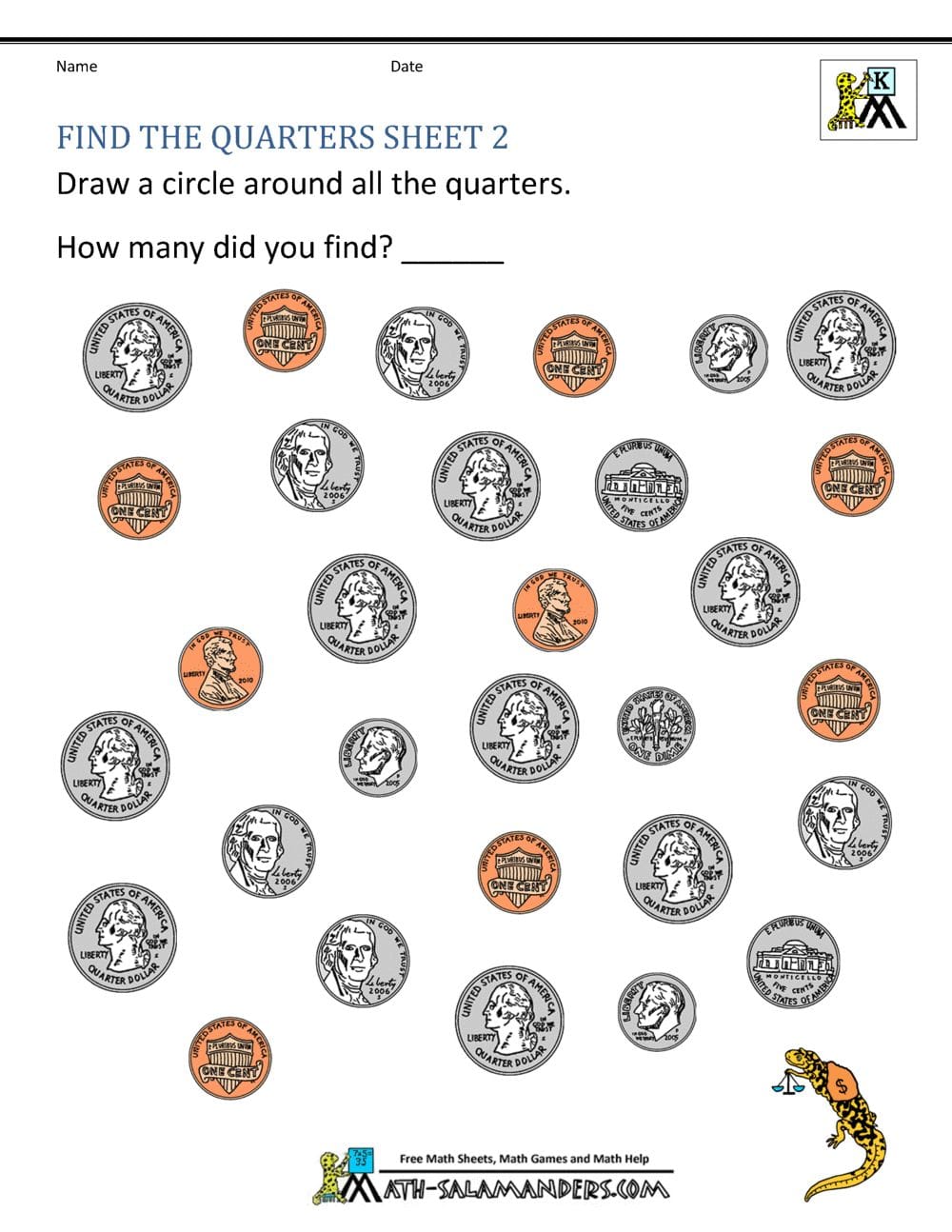 2nd Grade Money Worksheets up to $2