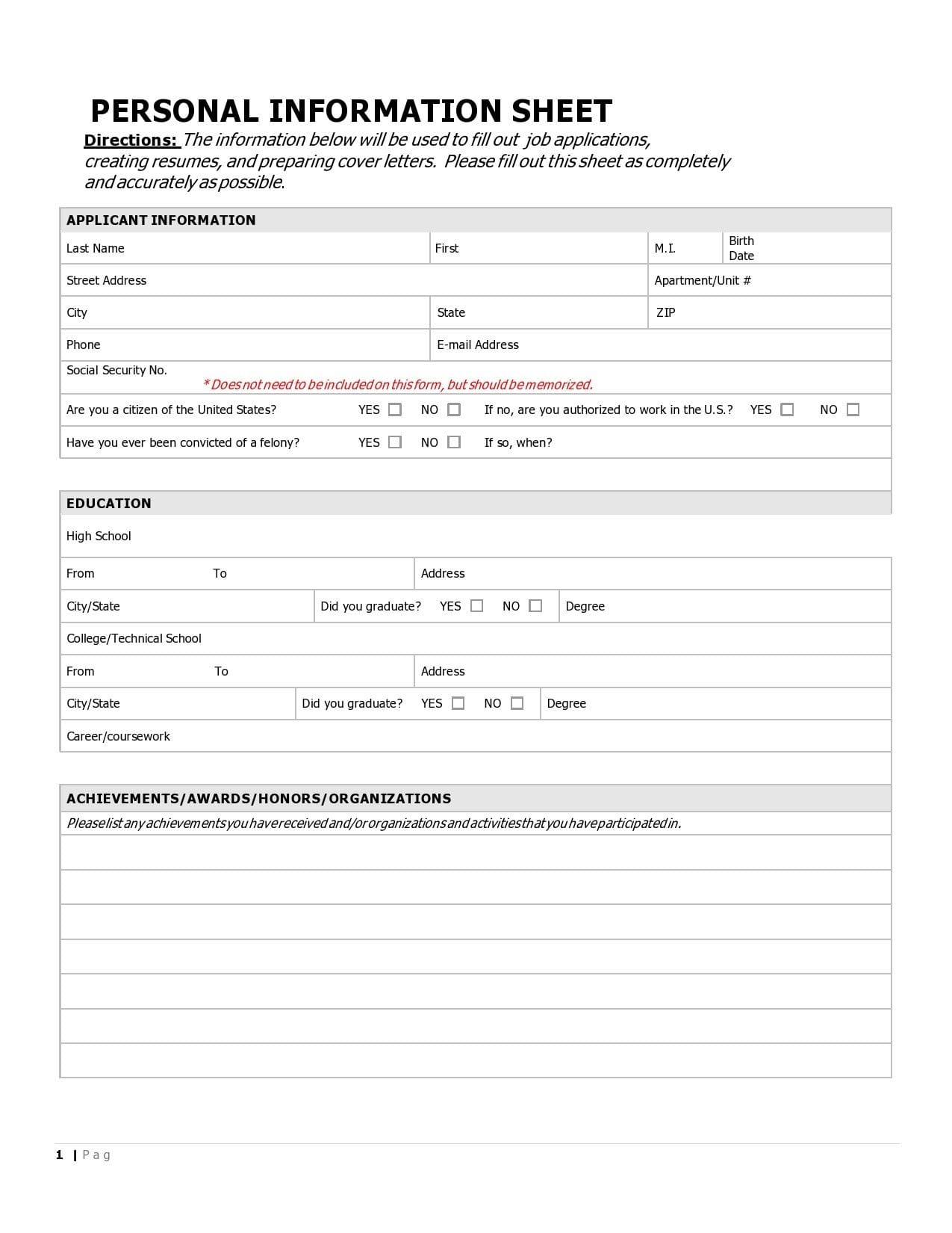 Personal Data Sheet Form Printable